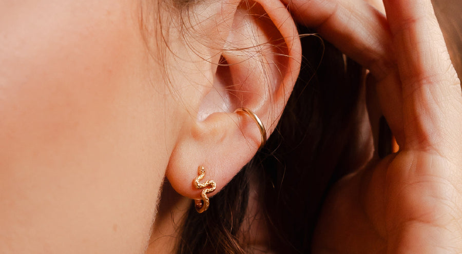 gold vermeil snake ear cuff, ring, charm pendant, hoop earrings
