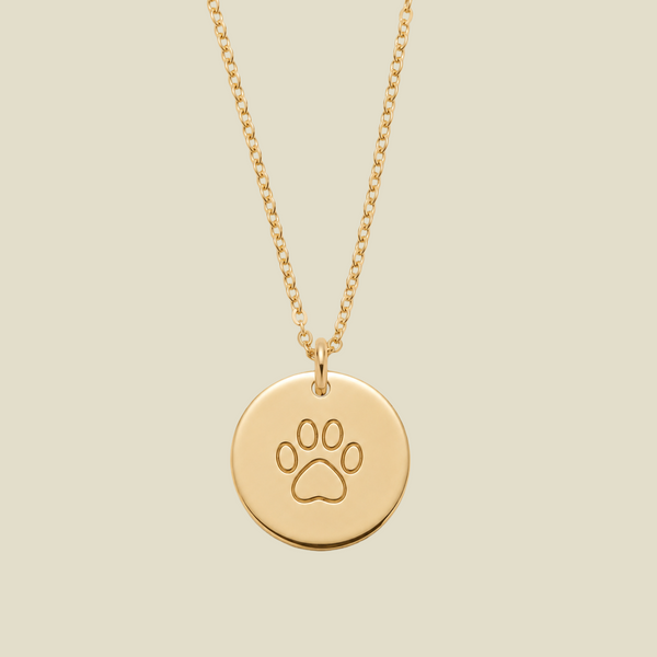 A gold chain necklace with a round gold disc pendant engraved with a paw print, shown against a solid light beige background.