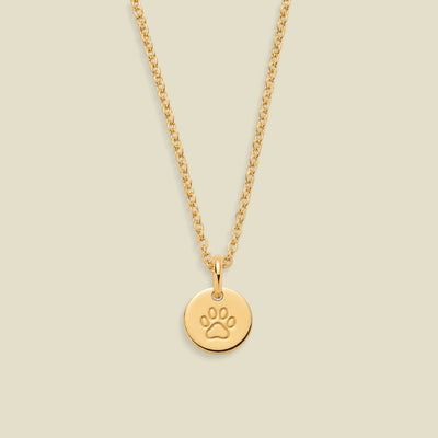 A gold chain necklace with a round gold disc pendant engraved with a paw print, displayed against a solid light beige background.