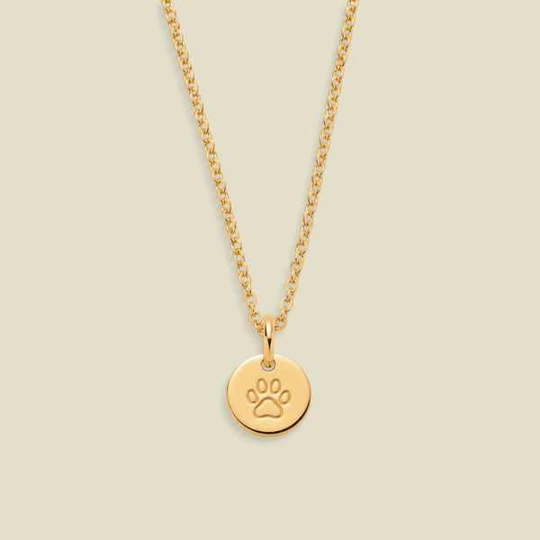 A gold chain necklace with a round gold disc pendant engraved with a paw print, displayed against a solid light beige background.