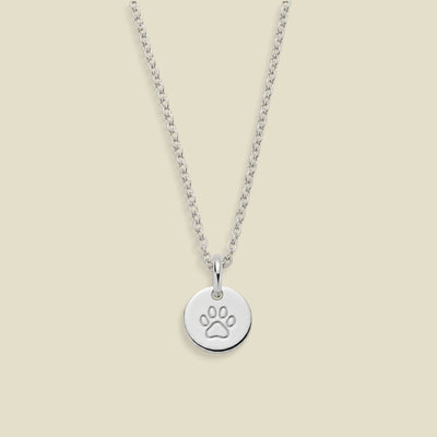 A silver chain necklace with a round disc pendant engraved with a paw print, displayed against a solid light beige background.