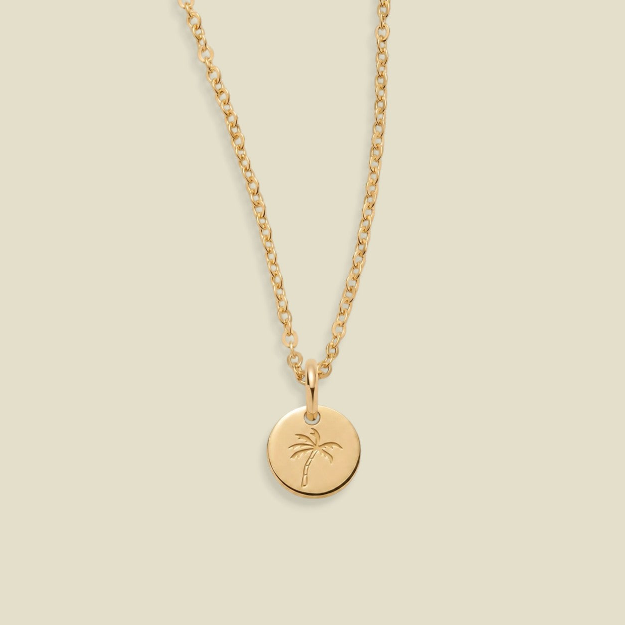 A gold chain necklace with a small round disc pendant engraved with a palm tree, displayed against a solid light beige background.