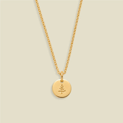 A gold chain necklace with a round gold disc pendant engraved with a small pine tree, displayed against a solid light beige background.