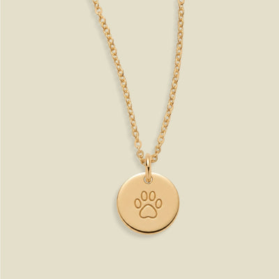 A gold chain necklace with a round disc pendant engraved with a paw print, displayed against a solid light beige background.
