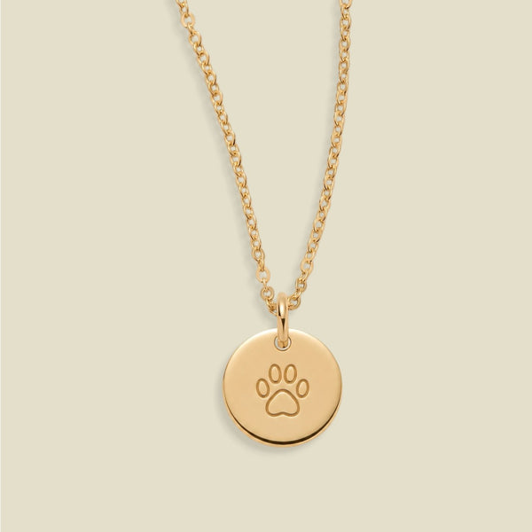 A gold chain necklace with a round disc pendant engraved with a paw print, displayed against a solid light beige background.