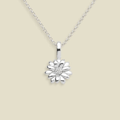 A silver daisy flower pendant necklace on a delicate link chain, set against a solid light beige background. 