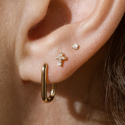 14k Diamond Cross Stud Earring (Flat Back) - Single