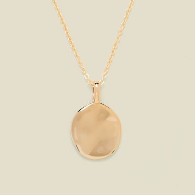 Gold necklace with disc pendant on beige background