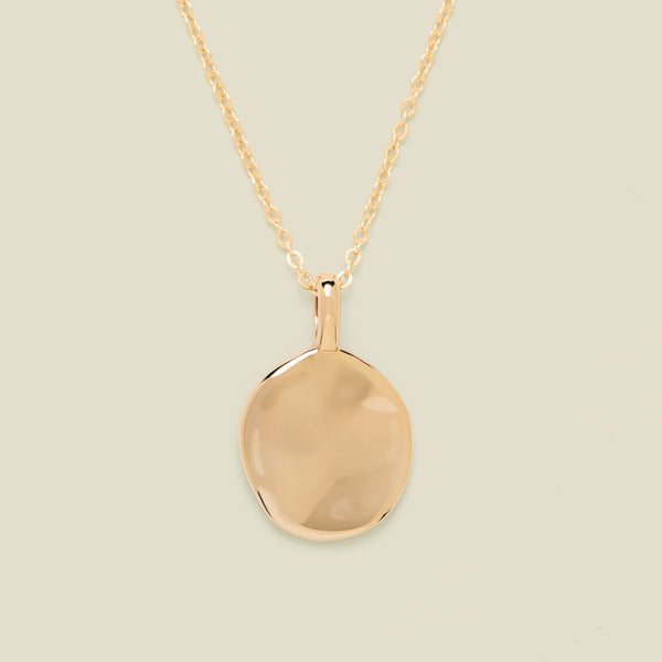 Gold necklace with disc pendant on beige background