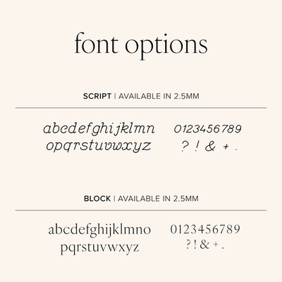 Engraving font options showing script and block styles with alphabet, numbers, and symbols