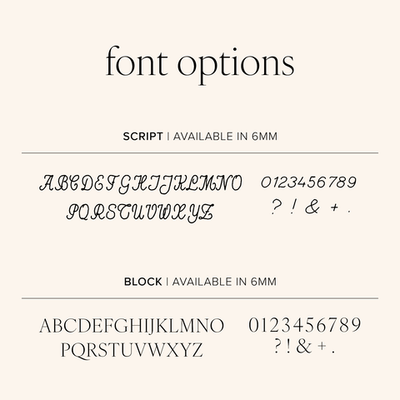 Engraving font options showing script and block styles with alphabet, numbers, and symbols