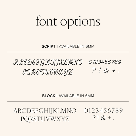 Engraving font options showing script and block styles with alphabet, numbers, and symbols