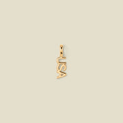 A small gold letter charm spelling 'USA' vertically, centered on a solid light beige background.