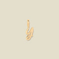 A gold charm letter Y against a neutral background.