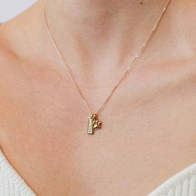 A close-up of a person's neck and chest wearing a delicate gold chain necklace with a small personalized vertical bar pendant and a paw print charm attached.