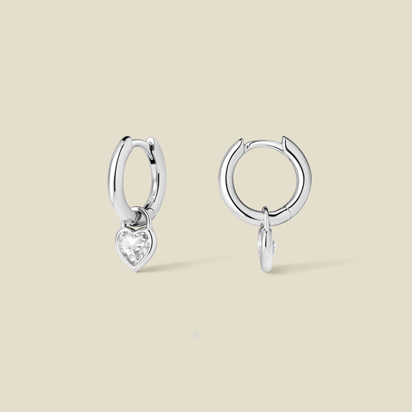 CZ Heart Drop Hoop Earrings