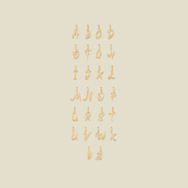 26 gold letter charms spelling out the alphabet.