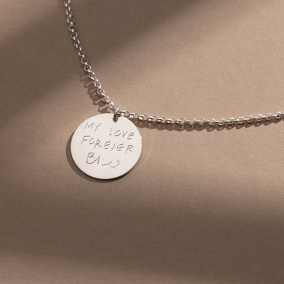 Engraved Handwriting Rolo Disc Necklace
