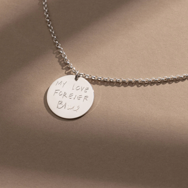 Engraved Handwriting Rolo Disc Necklace
