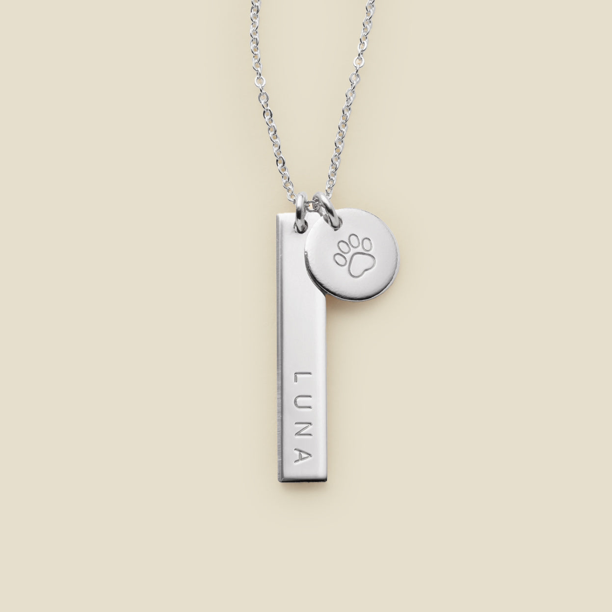 Silver necklace with a bar and paw print charm on a beige background